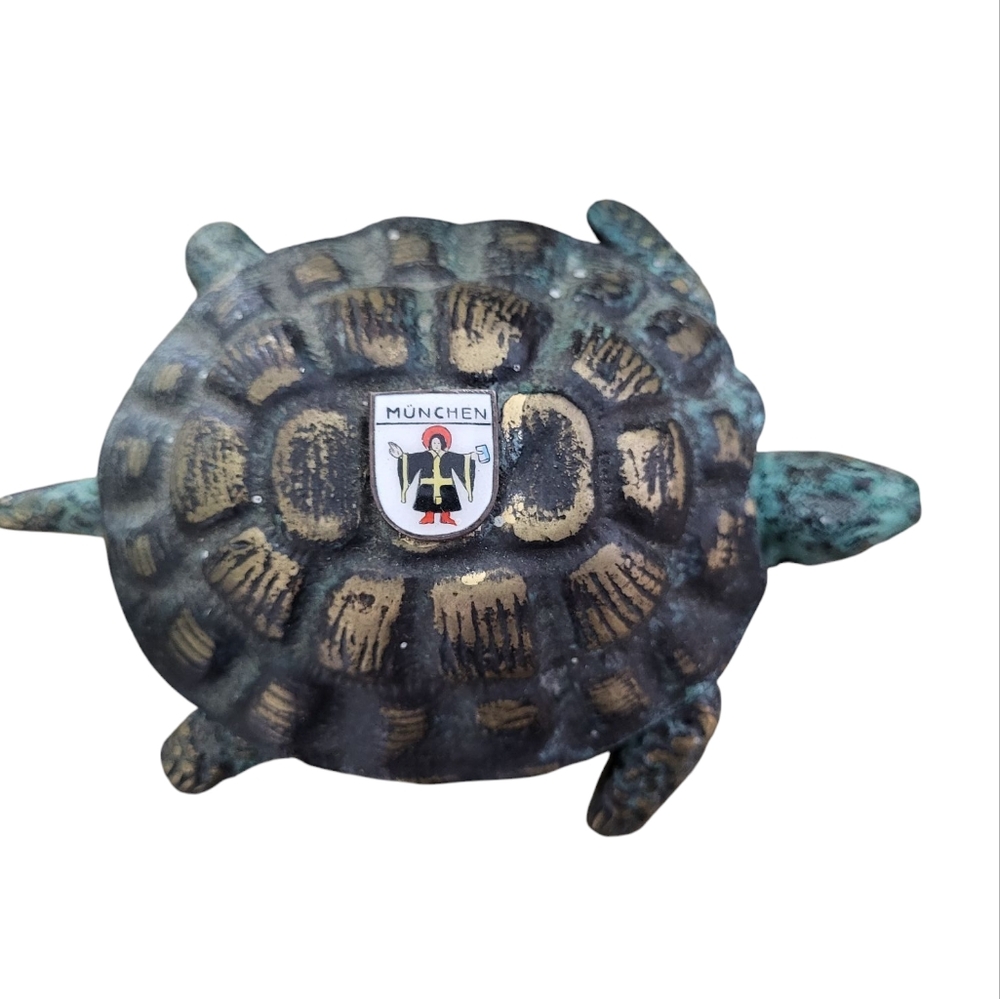Vtg. Munich Brass Souvenir Turtle Ashtray Figurine